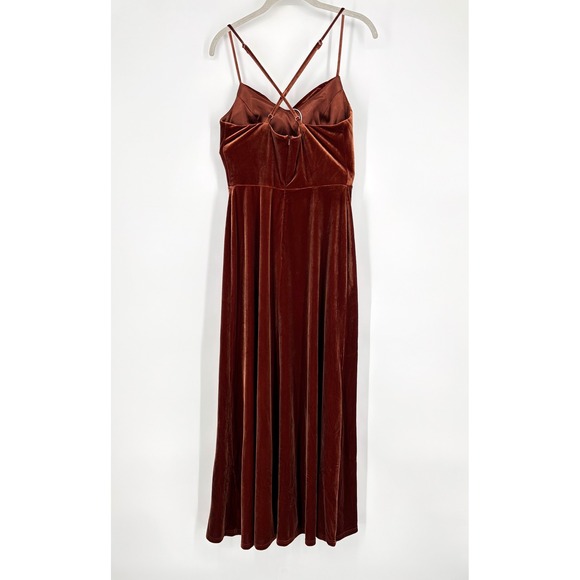 Revelry Billie Velvet Maxi Dress Sz 6 Rust Button High Slit Spaghetti Strap - Picture 8 of 14